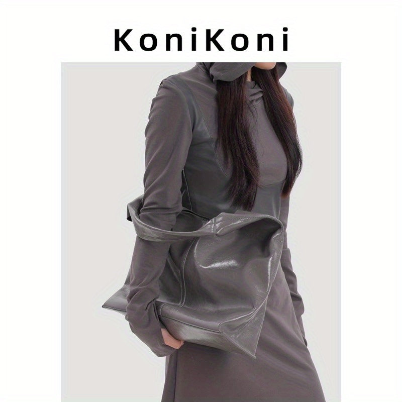 KoniKoni Genuine Leather Tote Bag for Women - Large Capacity Shoulder Bag, Stylish Gray\u002FBlack Commuter Handbag with Magnetic Closure, Soft & Durable Design for Everyday Use