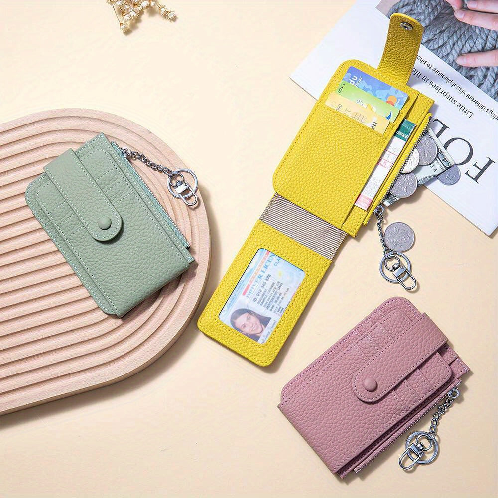 Women'S Genuine Leather Coin Purse with Multiple Card Slots - Slim Mint Green Mini Wallet, Snap Closure & Keychain, Compact Portable Design for Everyday Use, Coin Purse Storage, Stylish Accessory, Textured Finish