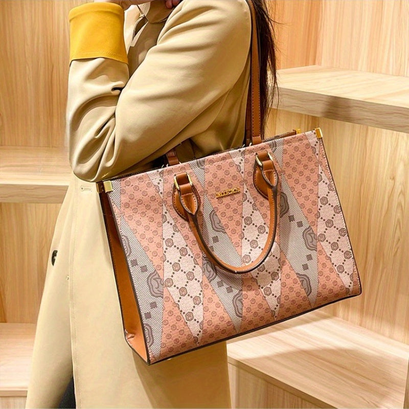 Elegant Floral Print Women'S Tote Bag - Luxurious with Large Capacity, Pink & Beige Pattern, Stylish Shoulder Handbag with Buckle Closure and Polyester Lining, Fashion Tote Bag|Patterned Tote|Crafted with Care