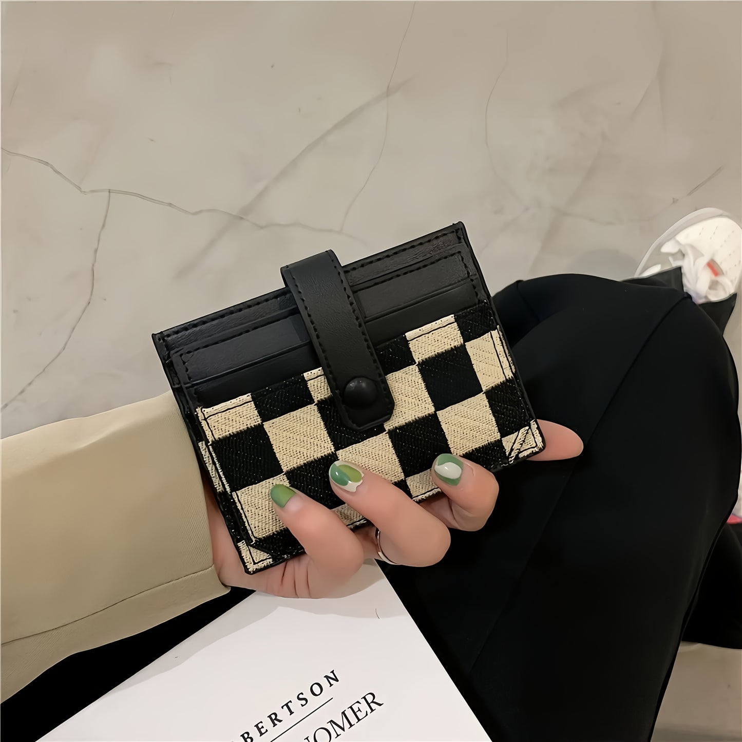 1pc Slim Black & White Checkered Card Wallet with Transparent Window, Large Capacity Coin Purse & Multiple Slots - Stylish Retro Design, Perfect Gift for Her or Mom, Wallet