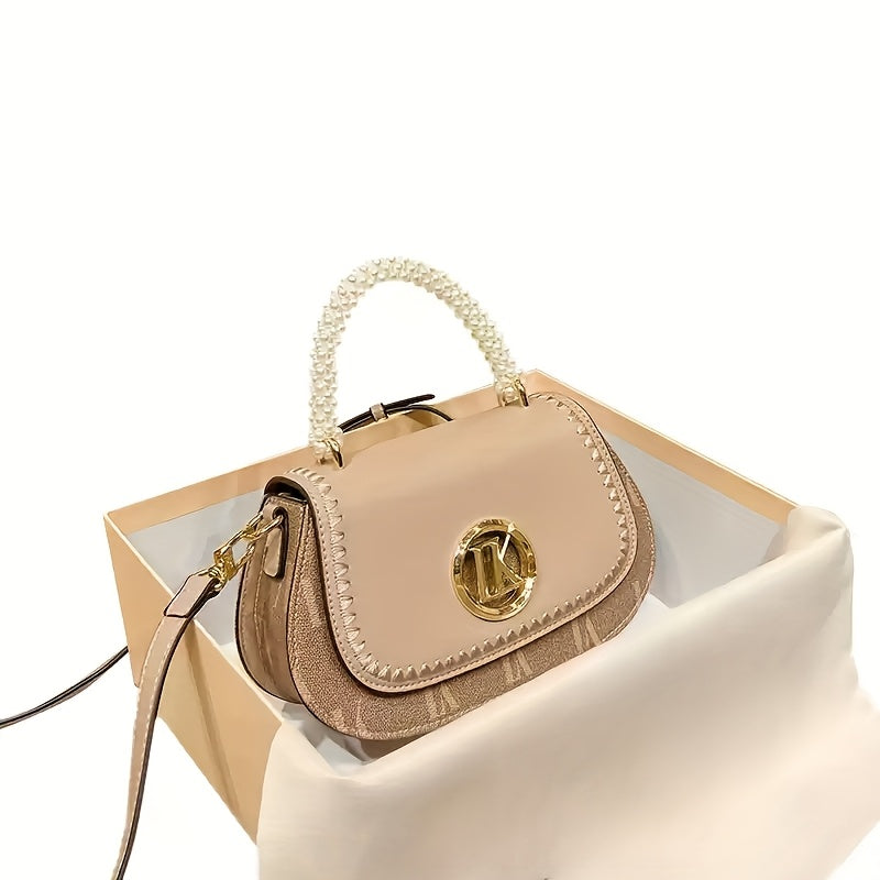 2025 New Elegant -Embellished Crossbody Bag for Women - Detachable Strap, Golden-Tone Hardware, Magnetic Closure, Premium Second-Layer, Grey\u002FWhite, Versatile for Casual & Formal Occasions