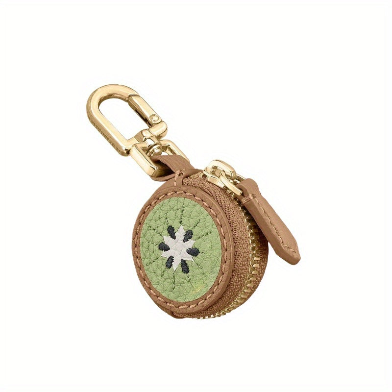 Stylish Avocado-Shaped Wallet & Cat Coin Purse for Women - Compact Zipper Keychain Pouch with Golden-Tone Hardware, Synthetic Leather, Green Straps & Red Floral Embellishments - Hand Washable