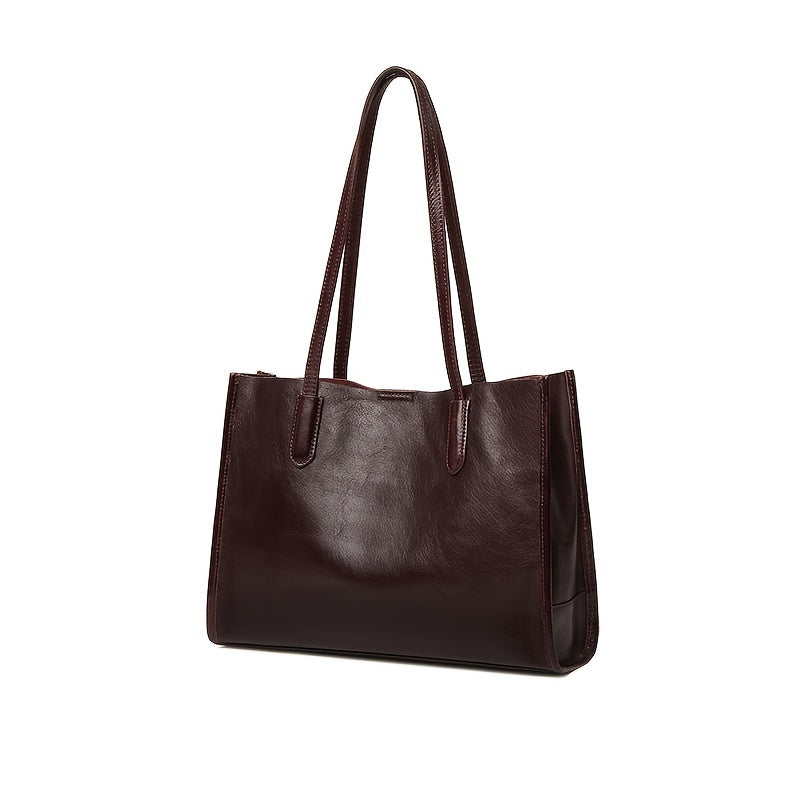 Genuine Genuine Leather Tote Bag for Women - Large Capacity Retro Shoulder Handbag with Magnetic Closure, Smooth Finish, and Fixed Strap in Coffee Brown\u002FBlack, Commuter Tote Bag | Minimalist Tote | Polyester Lined