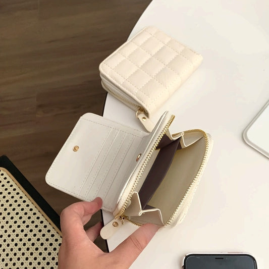 Cream Waffle Textured Coin Purse, Compact Multi-Compartment Wallet with Zipper for Keys, Earphones, Change & Lipstick - Ideal Travel Accessory, White, Purse