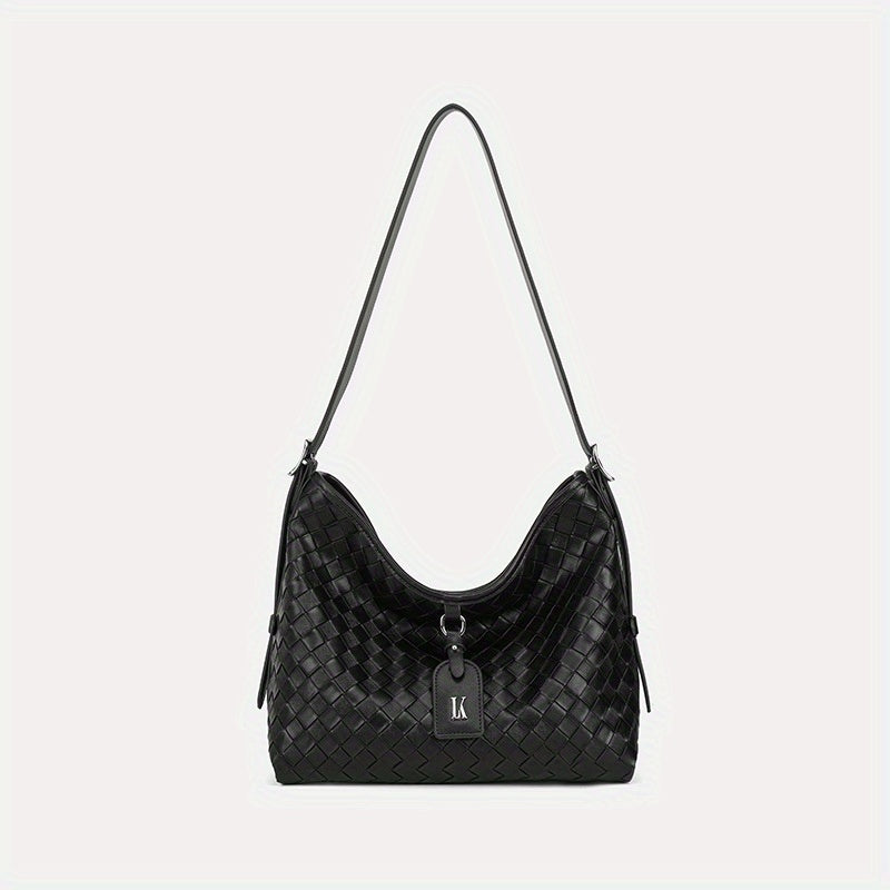 Elegant White Woven Tote Bag with Adjustable Strap - Chic Grid Pattern, Zipper Closure