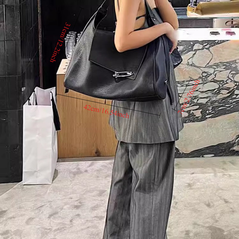 Trendy Large Capacity Women's Tote Bag with Lock Closure – Stylish Shoulder & Handbag in Khaki, Blue, or Black – Two-Layer, Casual Chic Design for Everyday Use