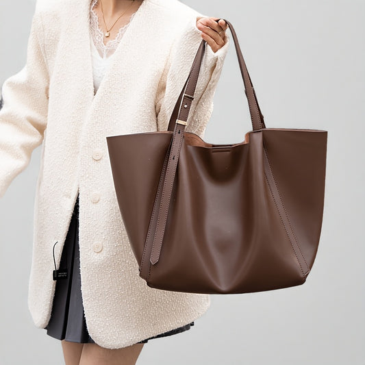 Women'S Minimalist Taupe Leather Tote Bag with Adjustable Strap - Large Capacity, Magnetic Closure, Fabric Lining, Edge Paint Detail, Ideal for Casual & Professional Use, Casual Tote Bag|Minimalist Style|Magnetic Closure Bag