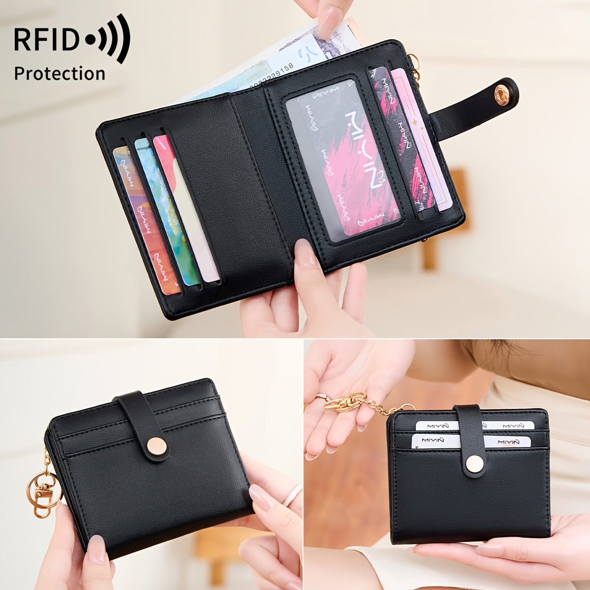 FOREVER MIYIN Compact RFID Blocking Women'S Wallet - Minimalist Ultra-Thin Bi-Fold with Multiple Card Slots, Coin Purse & Keychain, Lightweight Multi-Functional Short Wallet, Black, RFID Blockin