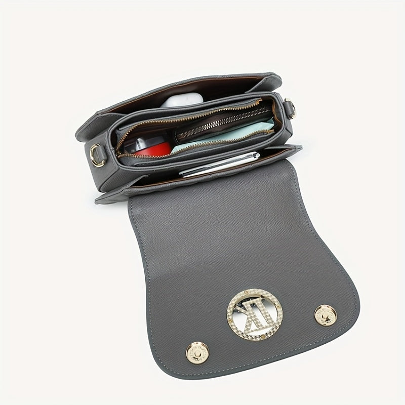 2025 New Elegant -Embellished Crossbody Bag for Women - Detachable Strap, Golden-Tone Hardware, Magnetic Closure, Premium Second-Layer, Grey\u002FWhite, Versatile for Casual & Formal Occasions