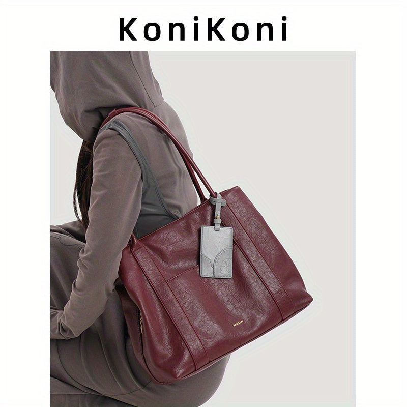 KoniKoni Red Leather Tote Bag - Large Capacity, Durable Edge Paint, Zipper Closure
