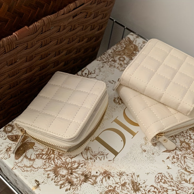Cream Waffle Textured Coin Purse, Compact Multi-Compartment Wallet with Zipper for Keys, Earphones, Change & Lipstick - Ideal Travel Accessory, White, Purse