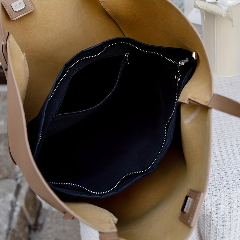 Women'S Minimalist Taupe Leather Tote Bag with Adjustable Strap - Large Capacity, Magnetic Closure, Fabric Lining, Edge Paint Detail, Ideal for Casual & Professional Use, Casual Tote Bag|Minimalist Style|Magnetic Closure Bag