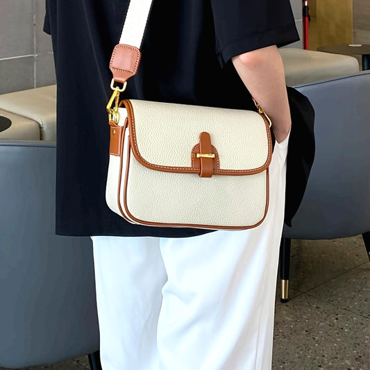 Genuine Leather Crossbody Bag for Women - Stylish Beige & Brown Two-Tone Handbag with Detachable Strap, Magnetic Closure, and Multiple Compartments