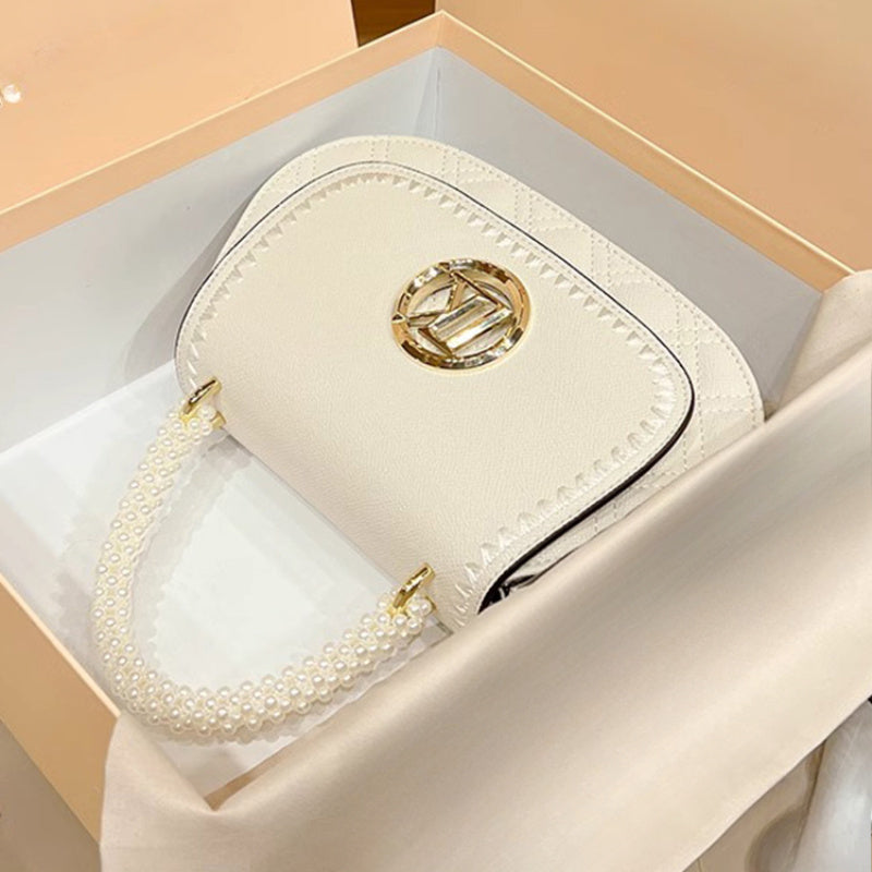 2025 New Elegant -Embellished Crossbody Bag for Women - Detachable Strap, Golden-Tone Hardware, Magnetic Closure, Premium Second-Layer, Grey\u002FWhite, Versatile for Casual & Formal Occasions