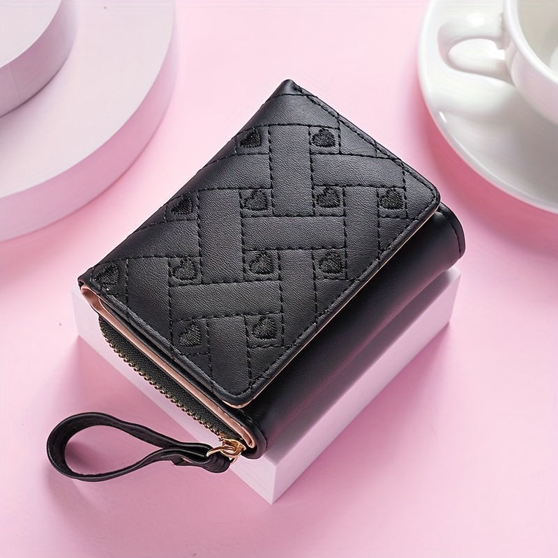 Faux Leather Heart Pattern Tassel Zipper Wallet for Women, Foldable 3-Panel Coin Purse with Polyester Lining, Non-Washable, Insert Pocket - Perfect for Valentine's, Birthday, Halloween, Christmas, Mother's Day Gifts