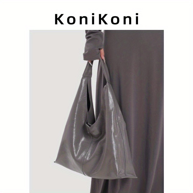 KoniKoni Genuine Leather Tote Bag for Women - Large Capacity Shoulder Bag, Stylish Gray\u002FBlack Commuter Handbag with Magnetic Closure, Soft & Durable Design for Everyday Use