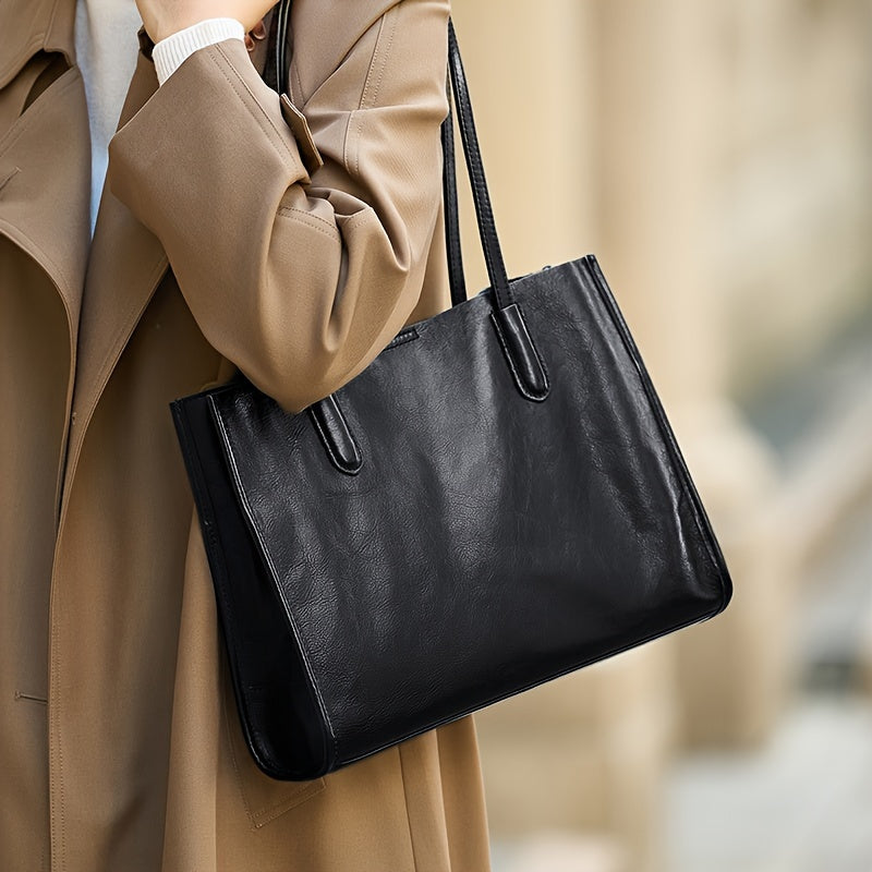Genuine Genuine Leather Tote Bag for Women - Large Capacity Retro Shoulder Handbag with Magnetic Closure, Smooth Finish, and Fixed Strap in Coffee Brown\u002FBlack, Commuter Tote Bag | Minimalist Tote | Polyester Lined