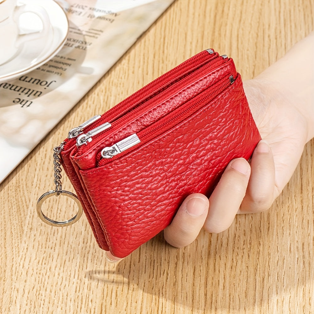 OBCREATOR Genuine Leather Coin Purse for Women & Men - 3-Zipper Secure Closure, Compact Multi-Compartment Wallet with Keychain, RFID Blocking (Black\u002FRed\u002FGrey\u002FOrange\u002FGreen\u002FPink)