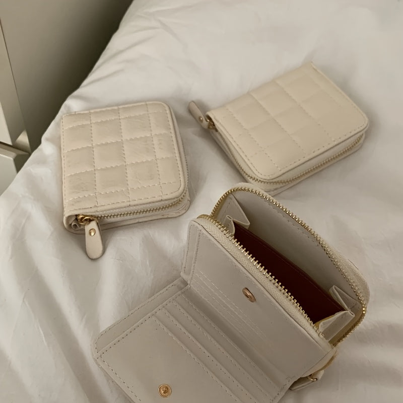 Cream Waffle Textured Coin Purse, Compact Multi-Compartment Wallet with Zipper for Keys, Earphones, Change & Lipstick - Ideal Travel Accessory, White, Purse