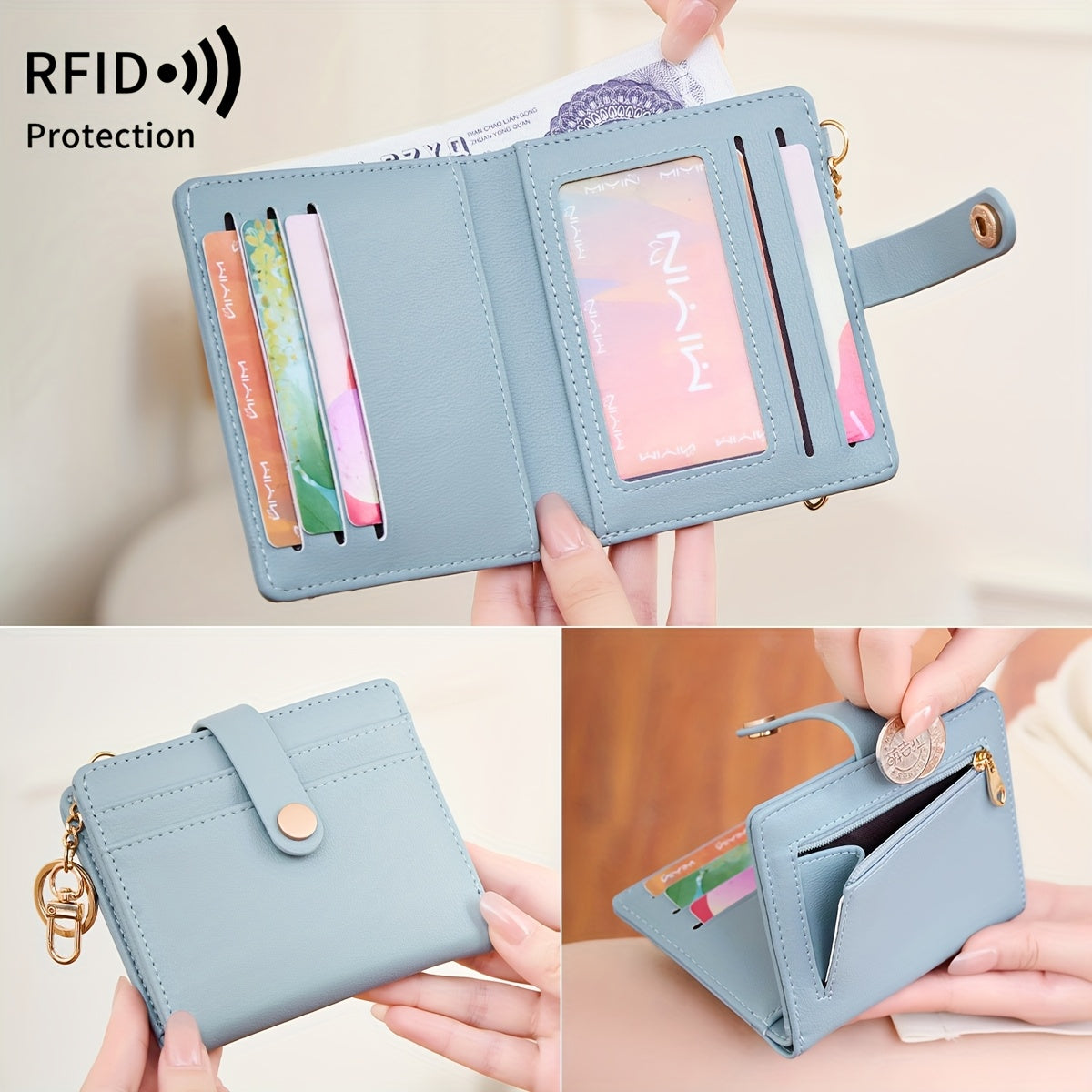 FOREVER MIYIN Compact RFID Blocking Women'S Wallet - Minimalist Ultra-Thin Bi-Fold with Multiple Card Slots, Coin Purse & Keychain, Lightweight Multi-Functional Short Wallet, Black, RFID Blockin