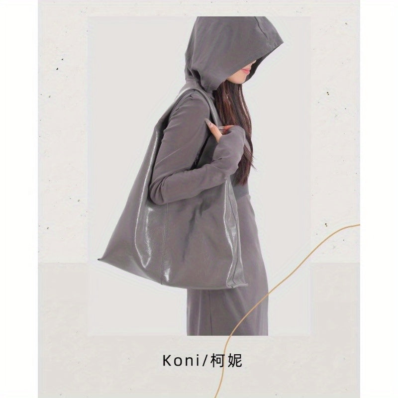 KoniKoni Genuine Leather Tote Bag for Women - Large Capacity Shoulder Bag, Stylish Gray\u002FBlack Commuter Handbag with Magnetic Closure, Soft & Durable Design for Everyday Use